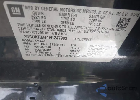 2015 Chevrolet Silverado 1500 2Lt from USA, damaged, VIN 3GCUKREH4FG247993